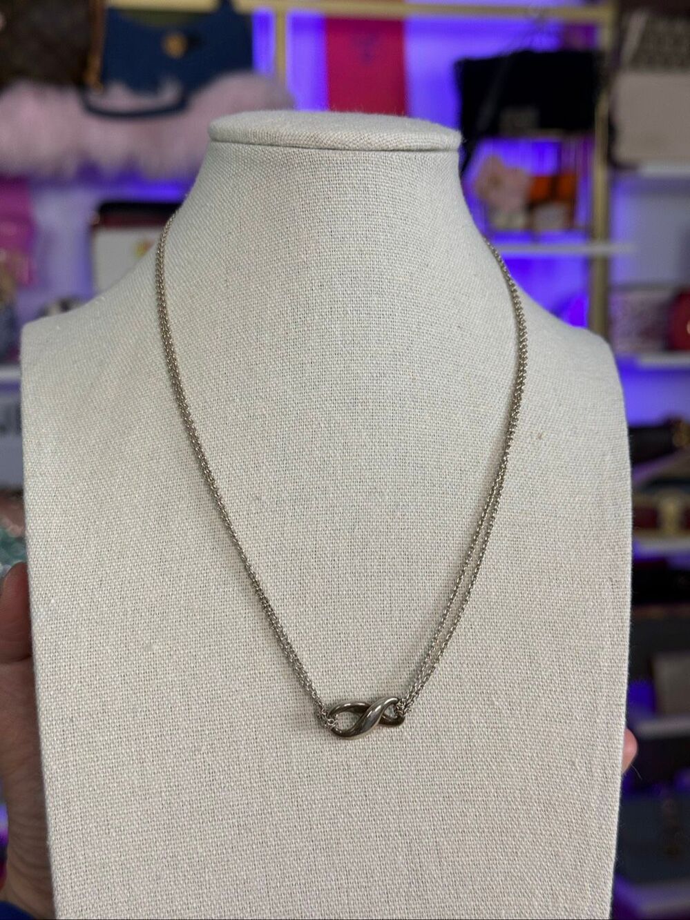 Tiffany & Co 925 Sterling Silver Double Chain Infinity Knot Necklace